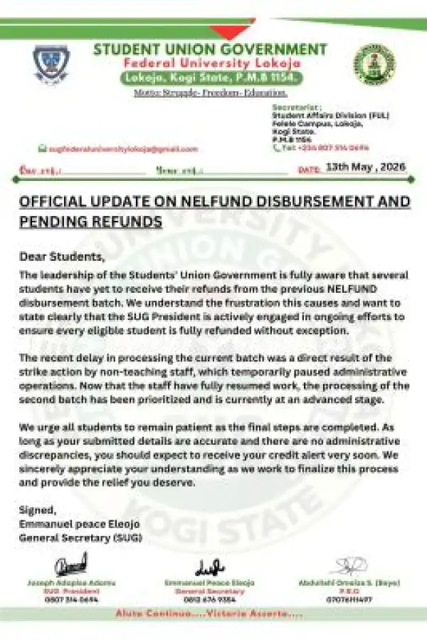 FULOKOJA SUG Gives Update on NELFUND Disbursement, Pending Refunds