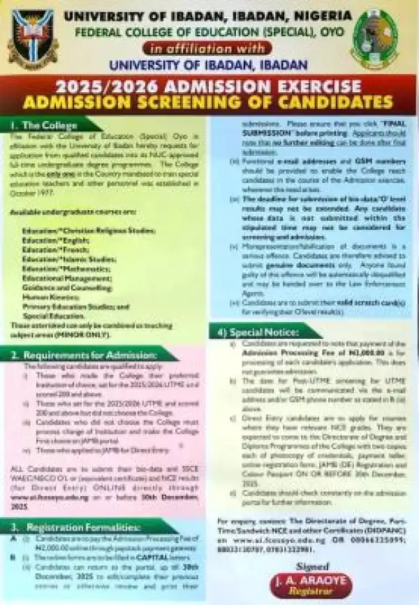 FCE (Special), Oyo in affiliation with UI Post UTME admission form, 2025/2026