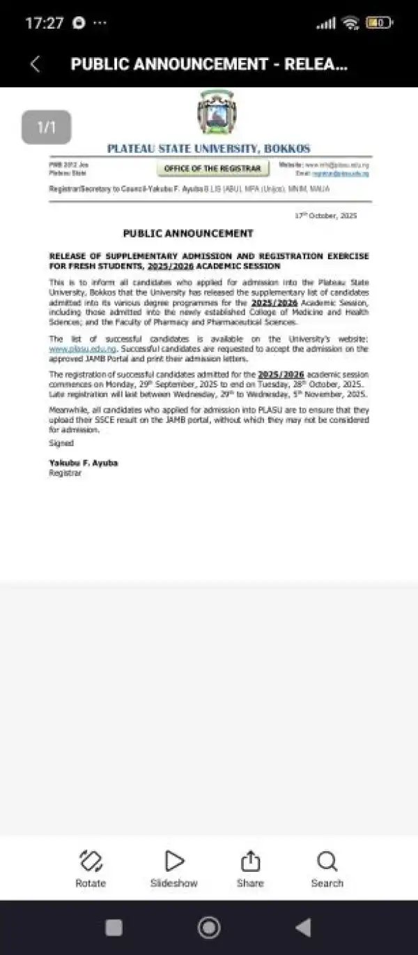 PLASU supplementary admission list and registration details, 2025/2026