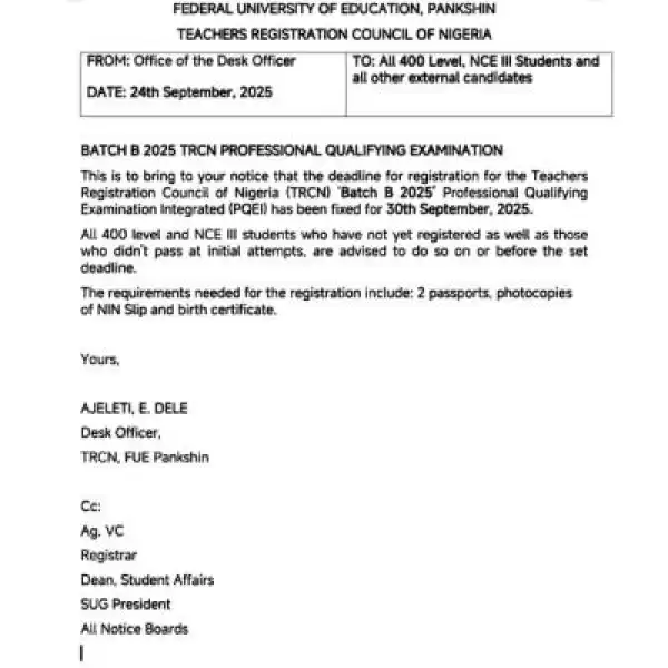 Federal University of Education, Pankshin Batch B TRCN qualifying exam, 2025