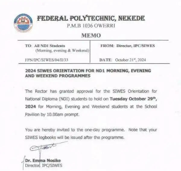 Fed Poly Nekede announces SIWES orientation for ND1 and Weekend programmes - 2024
