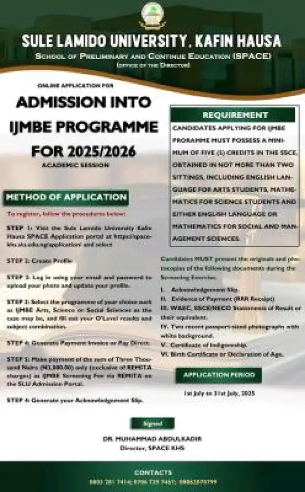 Sule Lamido University IJMB Admission form, 2025/2026