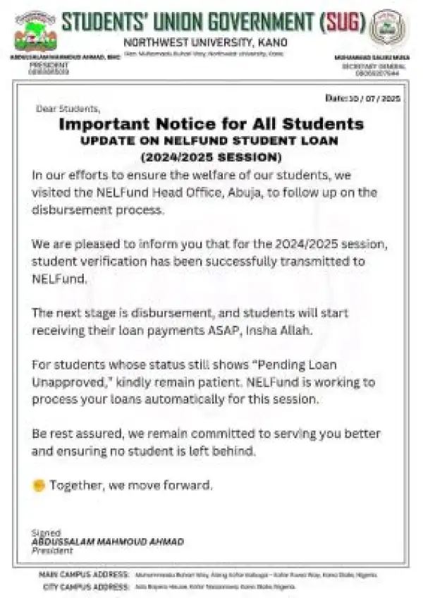 Northwest University SUG notice to students who applied for NELFUND