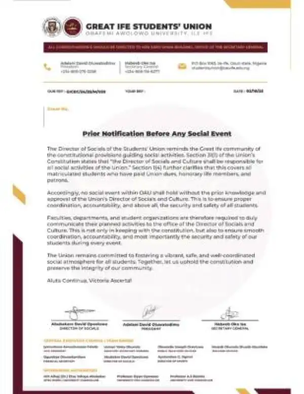OAU SUG mandates students to notify the union before any social event