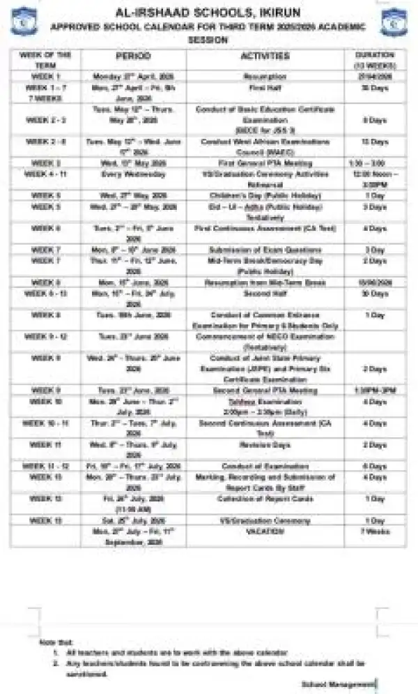 Al-Irshaad Schools, Ikirun 3rd term calendar 2025/2026 Academic Session