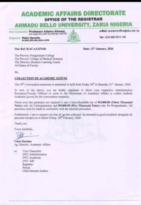 ABU notice on collection of academic gowns for its 45th convocation ceremony