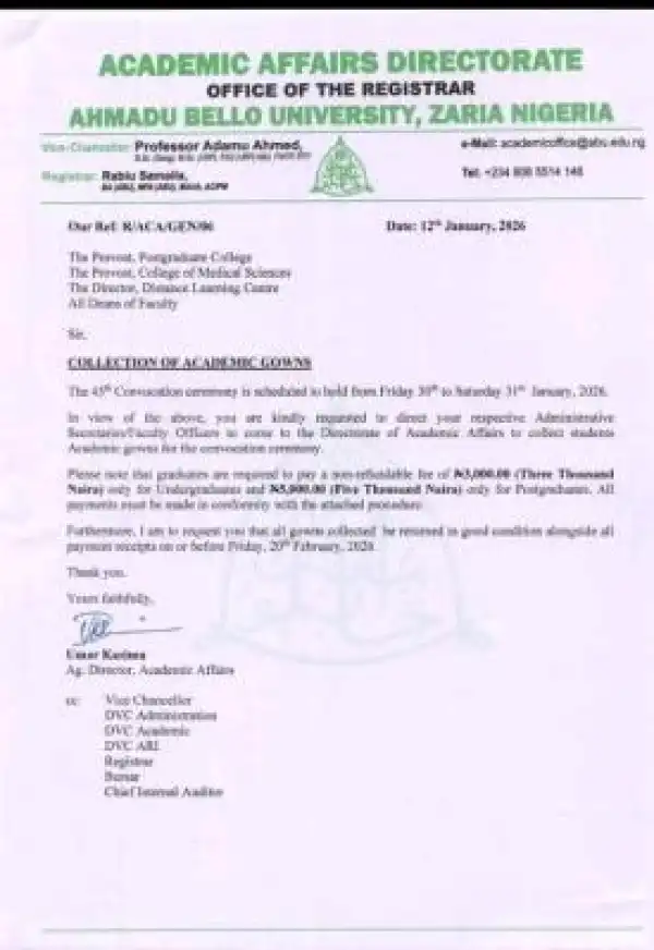 ABU notice on collection of academic gowns for its 45th convocation ceremony