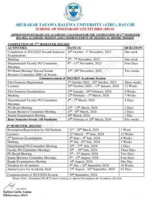 ATBU postgraduate academic calendar for completion of 2nd semester, 2021/2022