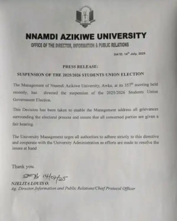 UNIZIK suspends students union election, 2025/2026
