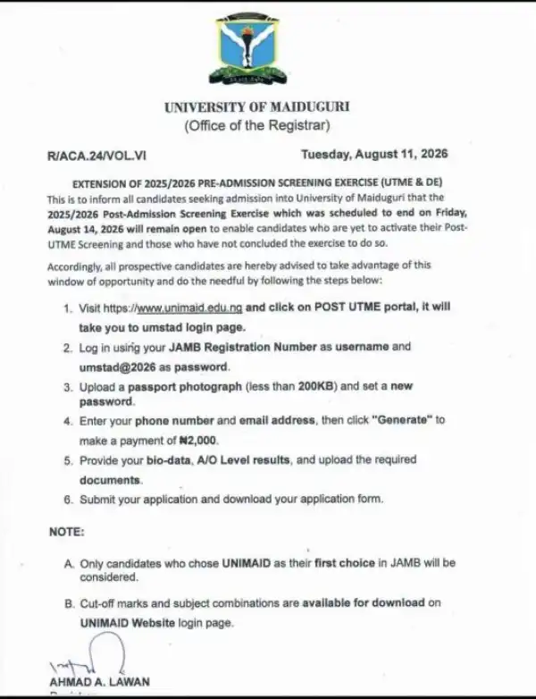 UNIMAID extends Pre-Admission screening exercise, 2026/2027