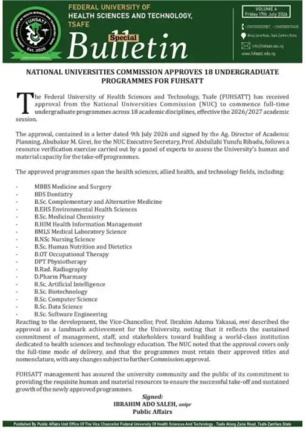 Federal University of Health Sci. & Tech. Tsafe gets approval for MBBS/BDS, Nursing & 16 new programmes