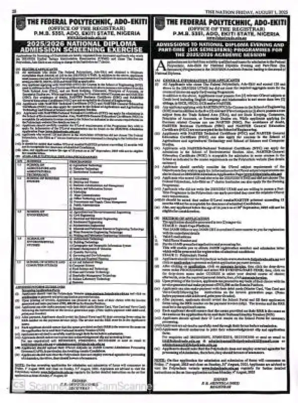 Fed Poly Ado-Ekiti ND Part-Time Admission form, 2025/2026