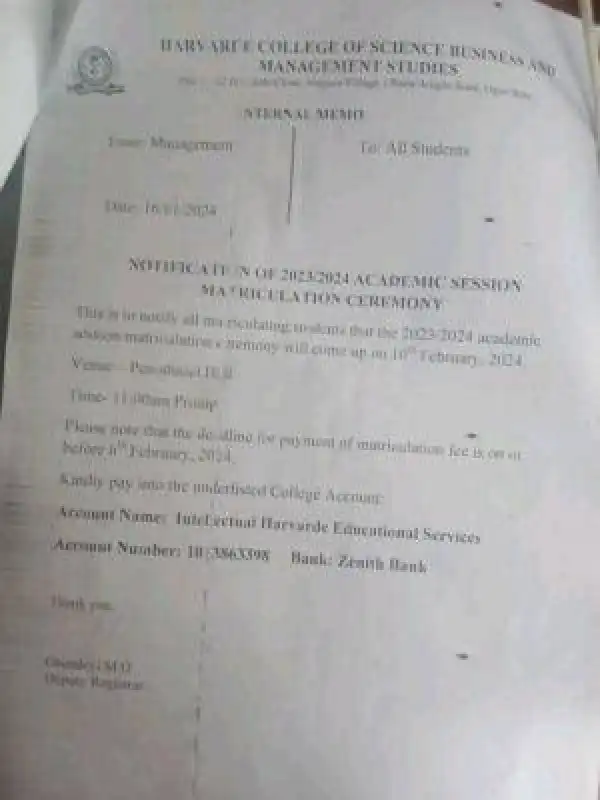 Harvarde College of science & management studies notice of Matriculation ceremony, 2023/2024