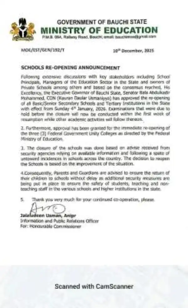 Bauchi State Government approves reopening of all schools effective 4th January 2026