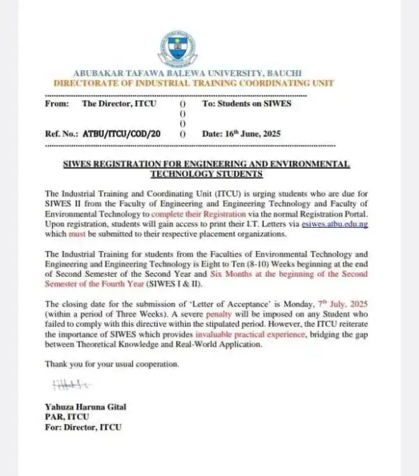 ATBU SIWES notice to students in Faculties of Engineering & Environmental Technology