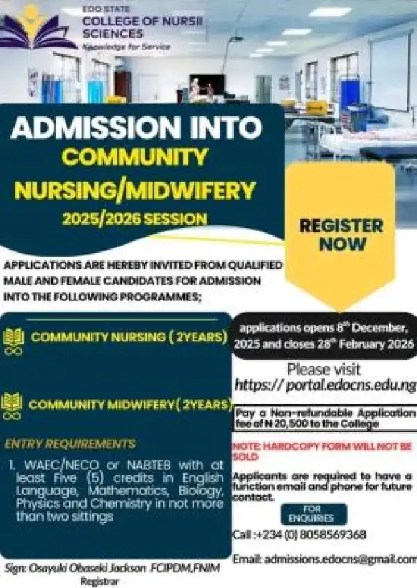 Edo State College of Nursing Sciences extends Community Nursing & Midwifery applications, 2026/2027