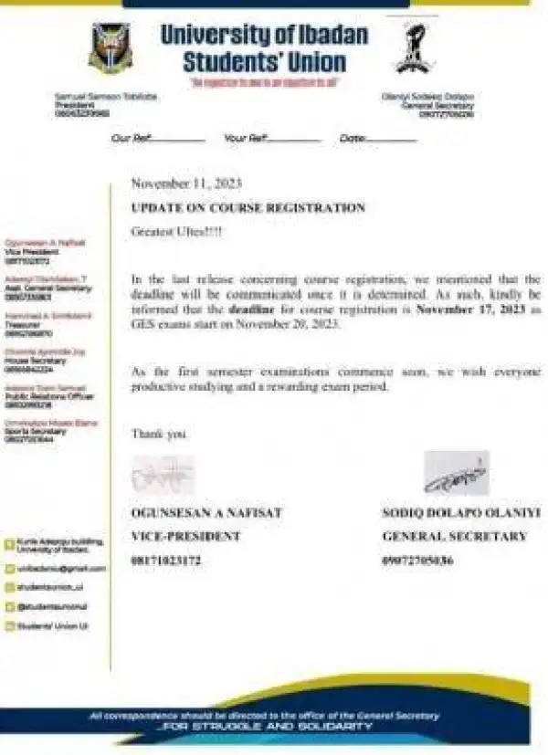 UI SUG update on school fee payment and course registration deadline