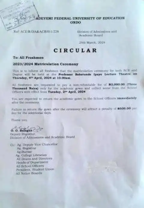 ACEONDO notice to freshmen on matriculation ceremony, 2023/2024