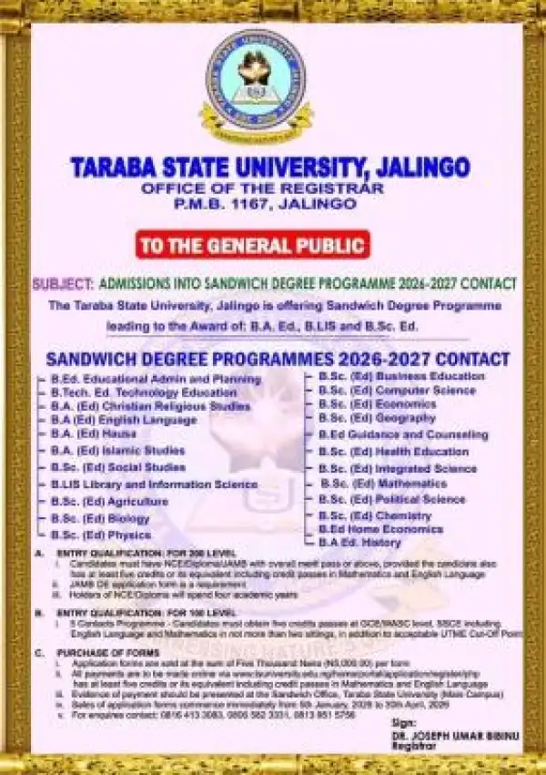 TASU sandwich degree program admission for 2026/2027 academic session