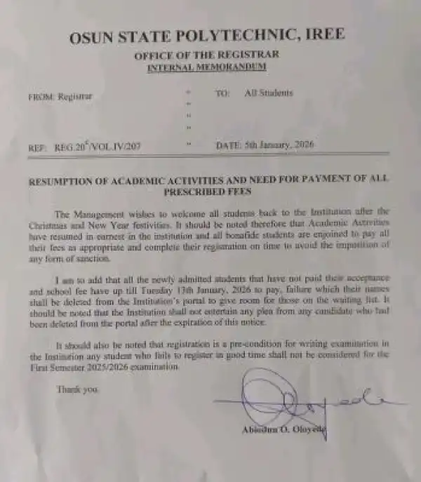 OSPOLY notice on resumption and payment of fees
