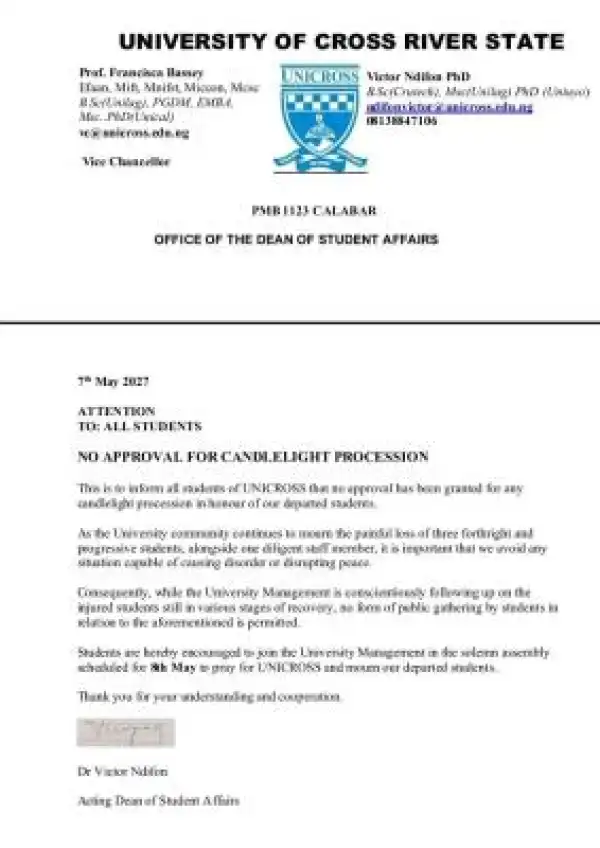 UNICROSS disallows candlelight procession on campus for departed students