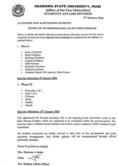 ADSU announces revised hostel accommodation allocation schedule