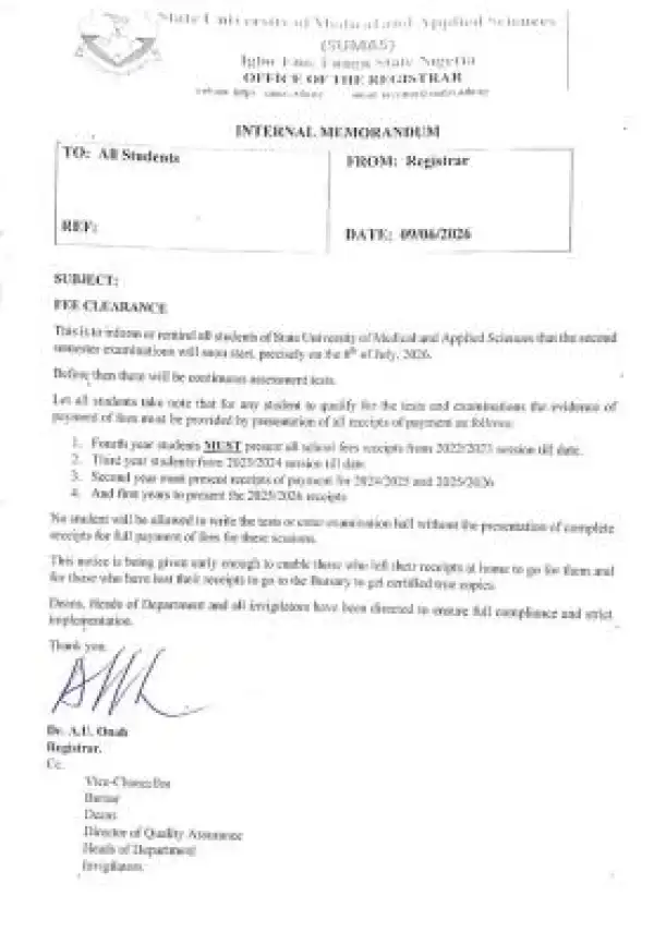 SUMAS issues urgent notice on mandatory fee clearance ahead of second semester exams