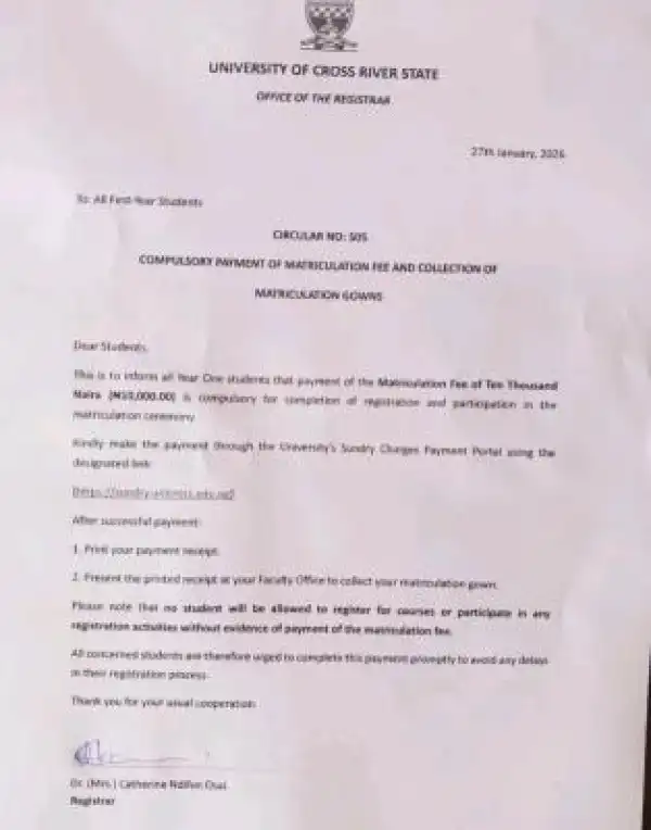 UNICROSS notice to new students on the compulsory payment of the matriculation fee