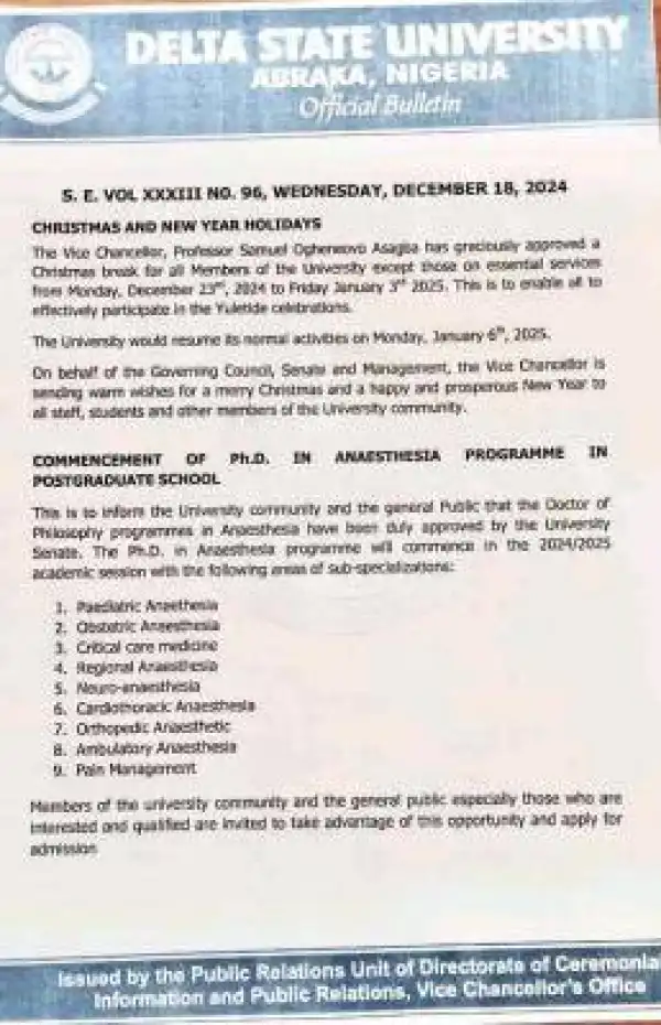 DELSU end of year holiday & commencement of Ph.D in Anaesthetia Postgraduate school