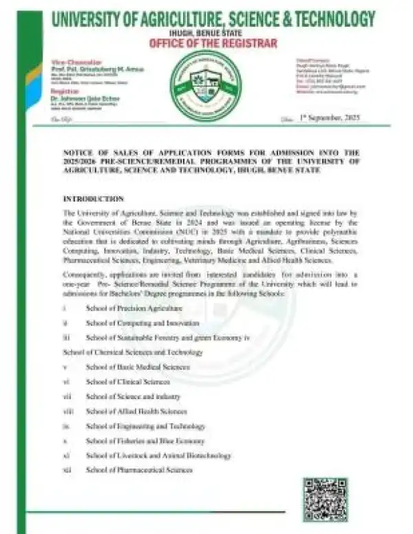 Benue State University of Agriculture, Science & Tech Pre-science/Remedial admission, 2025/2026