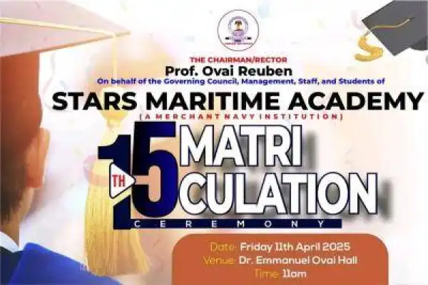 Stars Maritime Academy announces 15th Matriculation Ceremony