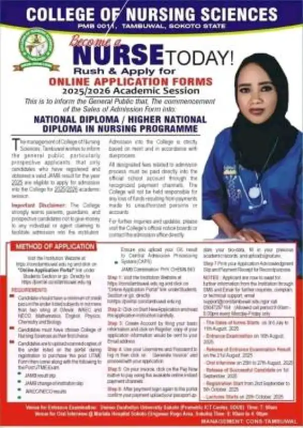 College of Nursing Sciences, Tambuwal releases ND/HND Nursing form, 2025/2026