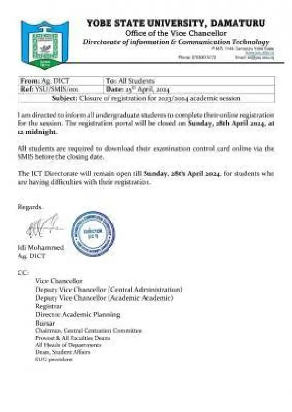 YSU notice on closure of registration for 2023/2024 session