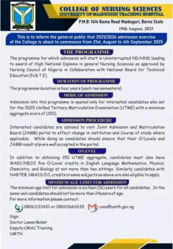 UNIMAID Teaching Hospital College of Nursing Sciences Admission form, 2025/2026