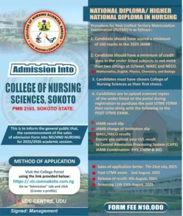 College of Nursing Sciences, Sokoto ND/HND Nursing Admission, 2025/2026