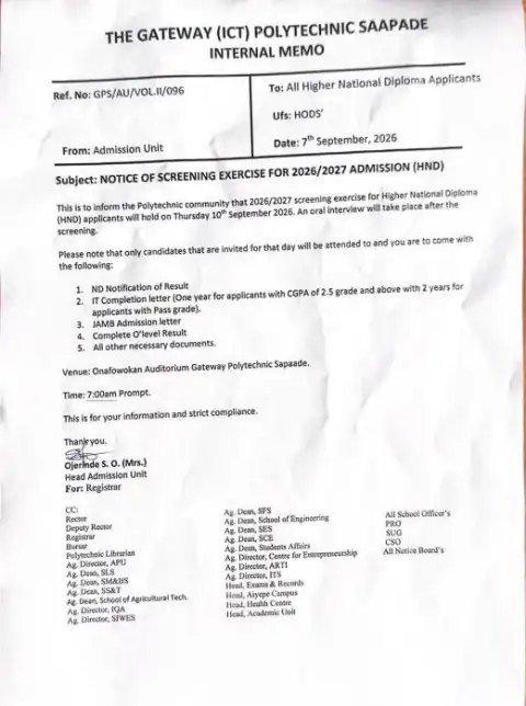 Gateway ICT Polytechnic announces HND screening exercise, 2026/2027