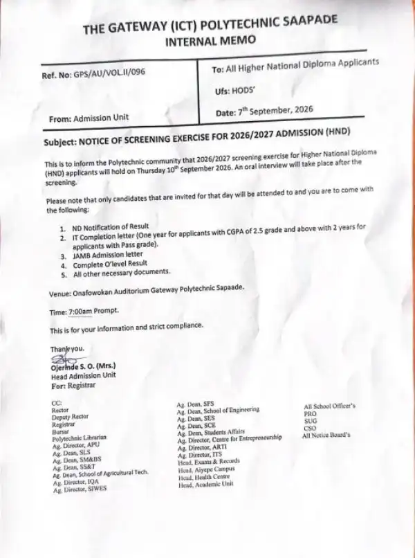 Gateway ICT Polytechnic announces HND screening exercise, 2026/2027