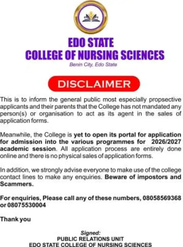 Edo State College of Nursing Sciences issues admission disclaimer notice