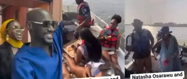 Natasha Osawaru seen bonding with 2Face Idibia and his daughter on a boat cruise