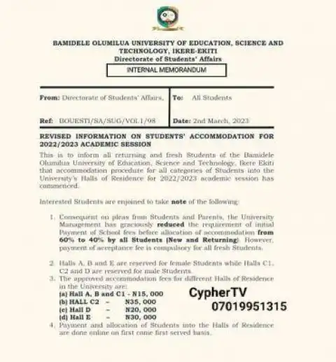 BOUESTI revised information on students' accommodation, 2022/2023 session