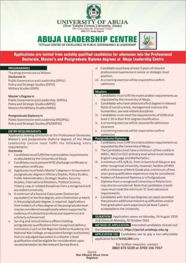 UNIABUJA Leadership centre announces Postgraduate programmes, 2026/2027