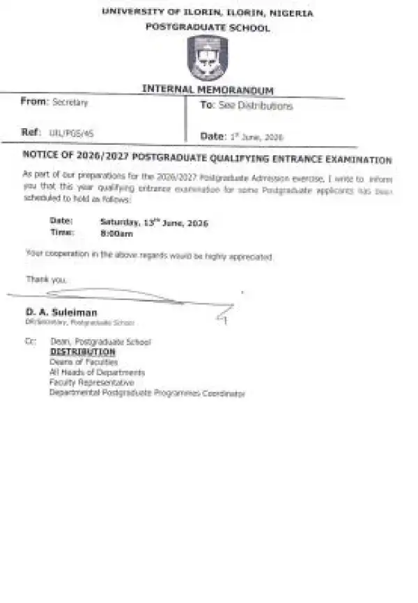UNILORIN notice on 2026/2027 Postgraduate Qualifying Entrance Examination