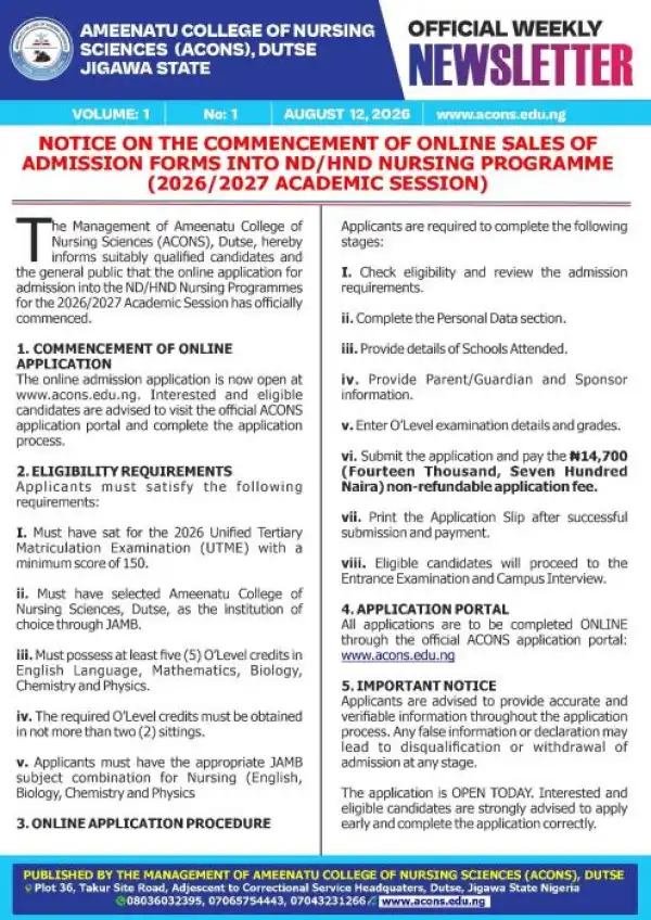 Ameenatu College of Nursing Sciences Dutse ND/HND Admission form, 2026/2027