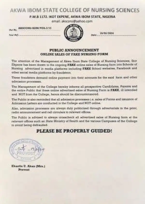 Akwa ibom state college of Nursing science disclaimer notice