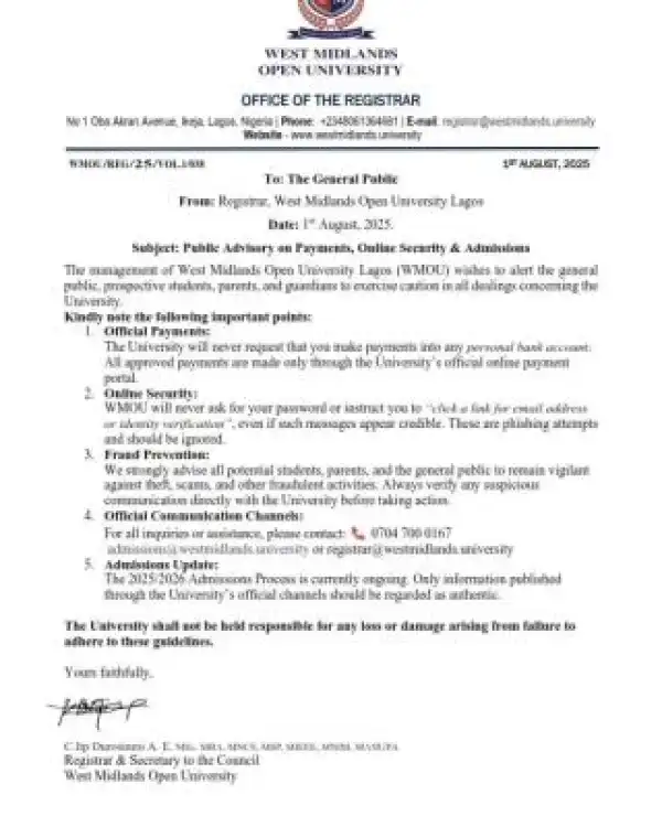 West Midlands Open University notice to applicants