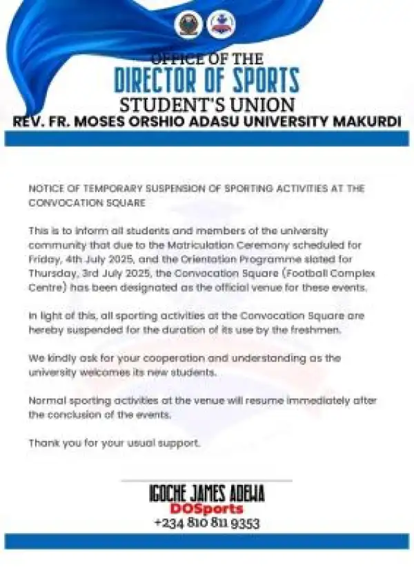 BSU SUG notice on temporary suspension of sporting activities at the convocation square
