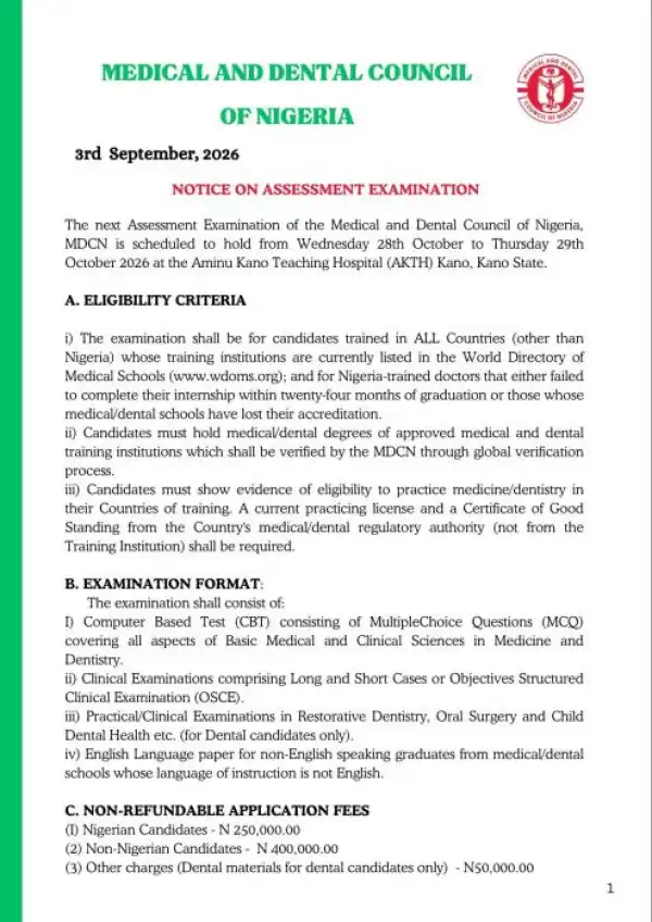 MDCN notice on assessment examination