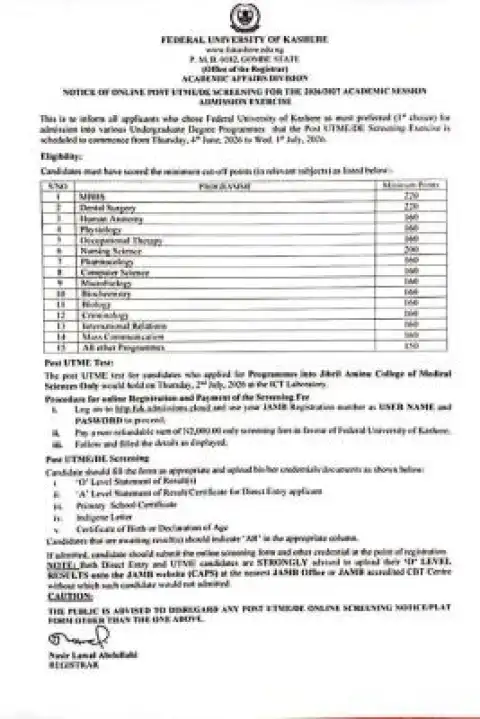 FUKASHERE Post-UTME/DE 2026: Cut-off mark, Eligibility and Registration Details