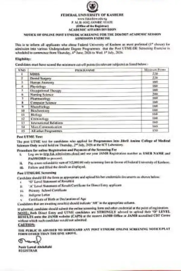 FUKASHERE Post-UTME/DE 2026: Cut-off mark, Eligibility and Registration Details