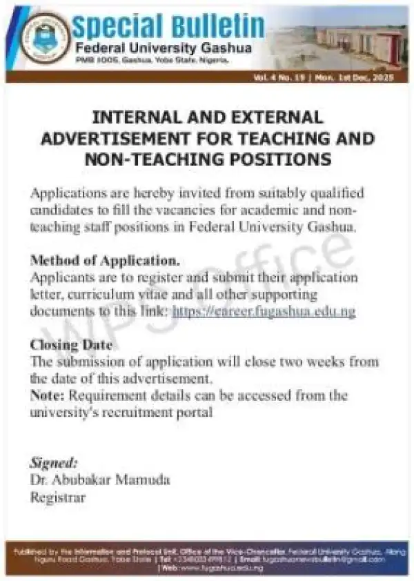 Federal University, Gashua announces Academic & Non-Teaching Job Vacancies